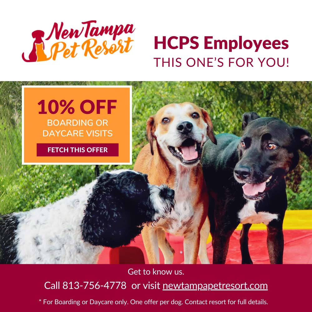 New Tampa Pet Resort - 10% OFF
BOARDING OR
DAYCARE VISITS
FETCH THIS OFFER<br>HCPS Employees
THIS ONE'S FOR YOU!<br>Get to know us.
Call 813-756-4778 or visit newtampapetresort.com
* For Boarding or Daycare only. One offer per dog. Contact resort for full details.